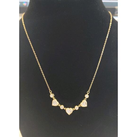 14kt Yellow Gold Necklace With Triple Cluster Diamond Hearts 16-18" (3 Grams) - Picture 1 of 4